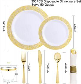 img 3 attached to WELLIFE Набор из 350 золотых пластиковых столовых приборов: 50 обеденных тарелок, 50 десертных тарелок, 50 предварительно свернутых салфеток с золотым серебром и 50 чашек.