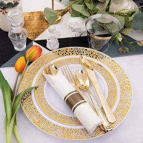 img 2 attached to WELLIFE 350-Piece Gold Plastic Dinnerware Set: 50 Dinner Plates, 50 Dessert Plates, 50 Pre Rolled Napkins With Gold Silverware And 50 Cups.