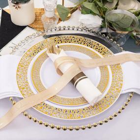 img 1 attached to WELLIFE 350-Piece Gold Plastic Dinnerware Set: 50 Dinner Plates, 50 Dessert Plates, 50 Pre Rolled Napkins With Gold Silverware And 50 Cups.