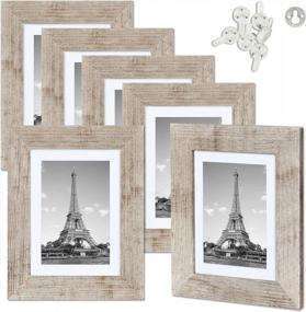 img 4 attached to Set Of 6 Upsimples Distressed Burlywood Picture Frames With Real Glass - Display 4X6 Photos With Mat Or 5X7 Photos Without Mat - Wall Or Tabletop Collage For Multi Photo Display