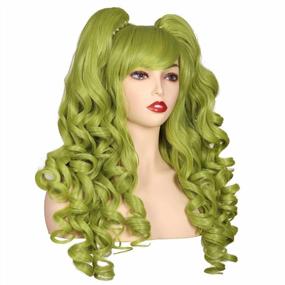 img 1 attached to Olive Green Long Curly Cosplay Wig With 2 Ponytails - ColorGround