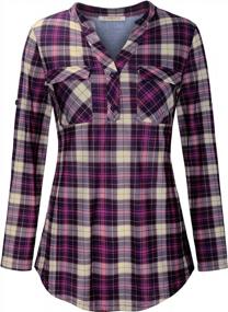 img 1 attached to 👚 BAIKEA Women's Roll Up Long Sleeve Notch Neck Plaid Shirt: Stylish Checkered Tunic Top for Casual Chic