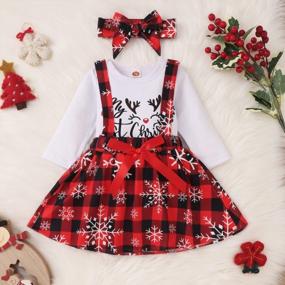img 2 attached to Newborn Baby Girl Christmas Outfit My 1St Xmas Romper Top+Suspender Plaid Skirt+Headband Clothes Set AOTY