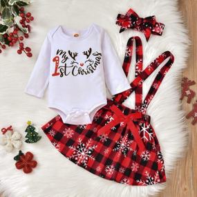 img 3 attached to Newborn Baby Girl Christmas Outfit My 1St Xmas Romper Top+Suspender Plaid Skirt+Headband Clothes Set AOTY