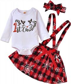 img 4 attached to Newborn Baby Girl Christmas Outfit My 1St Xmas Romper Top+Suspender Plaid Skirt+Headband Clothes Set AOTY