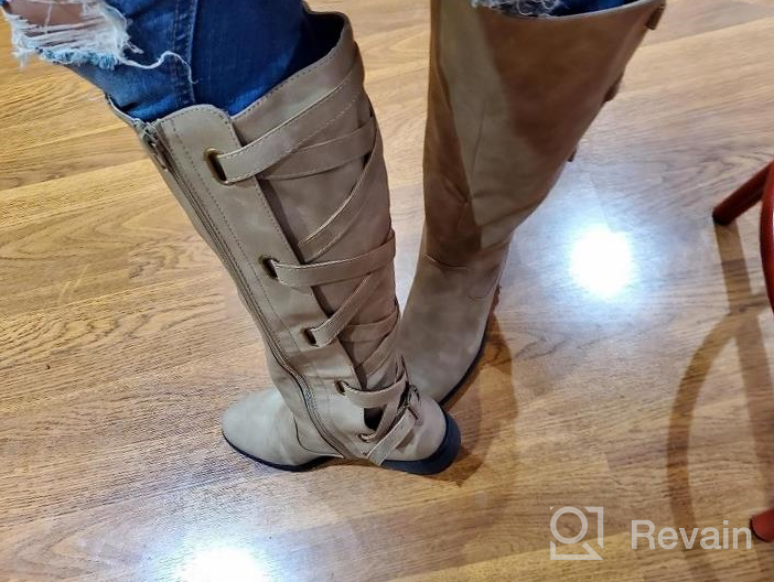 img 1 attached to Women'S Strappy Motorcycle Knee High Boots Winter Lace Up Riding Flat Low Heel Shoes review by Joe Clayton