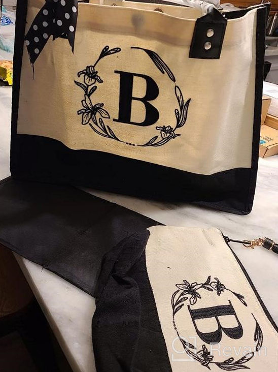 img 1 attached to Personalized Canvas Tote Bag With Monogram Embroidery And Leather Handle - Ideal Birthday Gift For Women By BeeGreen review by Jason Marquez