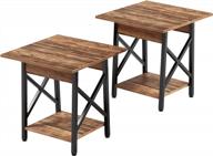set of 2 industrial style end tables with storage shelves for living room, rustic walnut finish, easy assembly - greenforest nightstand логотип