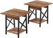 set of 2 industrial style end tables with storage shelves for living room, rustic walnut finish, easy assembly - greenforest nightstand logo