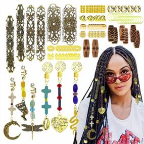 img 4 attached to 99Pcs Hair Braids Dreadlock Cuff Accessories Clips Pins Tube Beads Handmade Turquoise Cross Jade Locs Extension Jewelry Nefertiti Shell Snake Gold Pendants