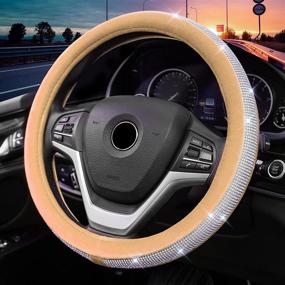 img 2 attached to 💎 Alusbell Crystal Diamond Steering Wheel Cover: Plush Velvet Bling for Women - Universal 15 inch Fit for Escape, Fusion, Focus, Accord, Prius, Rav4, in Khaki