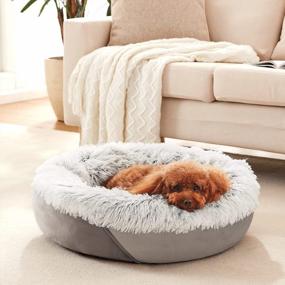 img 4 attached to Grey Anti-Anxiety Donut Dog Bed For Small Medium Dogs - Calming Pet Cuddler Bed With Soft Plush Faux Fur, Machine Washable And Anti-Slip Bottom By JOEJOY