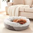 grey anti-anxiety donut dog bed for small medium dogs - calming pet cuddler bed with soft plush faux fur, machine washable and anti-slip bottom by joejoy logo