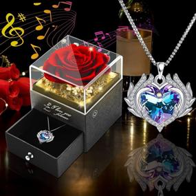 img 1 attached to Unforgettable Valentines Gifts For Her - Preserved Red Rose With Angel Wing Necklace And Eternal Flower Music Box With LED Lights
