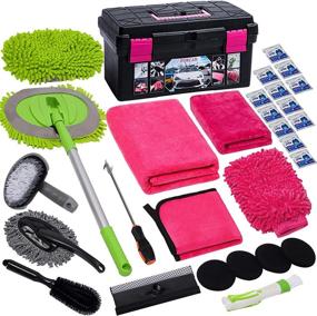 img 4 attached to 🚗 FORCAR 29Pcs Car Cleaning Kit for Interior and Exterior Detailing - Includes 41" Long Handle Brush Mop, Extendable Window Water Scraper, Wash Mitt, Large Towels, and Storage Box - Pink