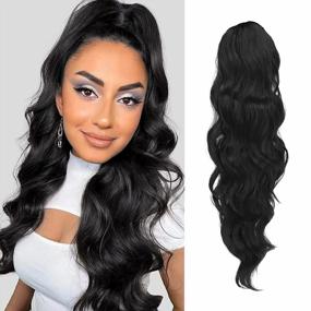 img 4 attached to 24-Inch Body Wave Clip-In Synthetic Ponytail Hair Extensions With Drawstring - Perfect Hairpieces For Girls And Women By FESHFEN