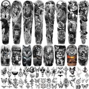 img 4 attached to Metuu 46 Sheets Full Arm Temporary Tattoo Waterproof Realistic For Men And Women, Wolf Tiger Lion Eagle Extra Large Fake Tattoo Stick On Whole Arm Shoulder Leg