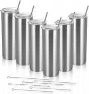 6 pack skinny travel tumblers, stainless steel skinny tumblers with lid and straw, double wall insulated tumblers, 20 oz slim water tumbler cup, vacuum tumbler travel mug for coffee water tea, silver logo