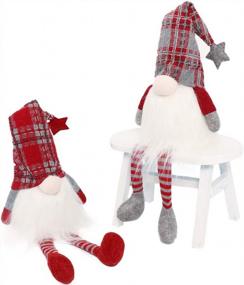 img 1 attached to Add Festive Charm With GMOEGEFT Scandinavian Christmas Gnome Lights Timer: Set Of 2 Dangling-Legged Tomte Gnomes In Nordic Plaid Pattern