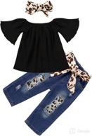 👖 stylish toddler baby girl jeans outfit set with black top, ripped denim & accessories - 4pcs logo