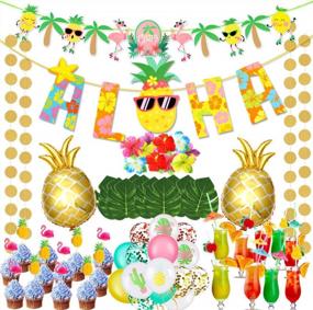 img 4 attached to 78 шт. Гавайские товары для вечеринок в Луау - баннеры Алоха, топпер с фламинго и воздушные шары с ананасами!