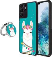 🌸 black samsung galaxy s21 ultra case flower alpaca with ring holder stand - 360° rotation ring grip kickstand - soft tpu and pc anti-slip design - protective case logo