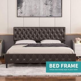 img 3 attached to Full Size Faux Leather Upholstered Platform Bed Frame By Mecor With Adjustable Button Tufted Headboard, Wooden Slat Support System, Brown Finish - Easy Assembly, No Box Spring Required