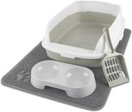 🐱 kitten starter kit: low entry cat litter box with lid, 4 pcs, high sided shield cover, including litter mat, poop scooper, feeding bowl - small grey, ideal for kittens under 6 months logo