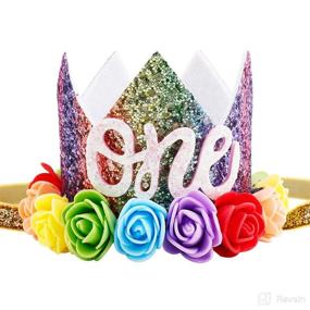 img 3 attached to Maticr Baby Girl Glitter First Birthday Rainbow Flower Crown Hat Floral Tiara Headband for Photo Prop - Letter One