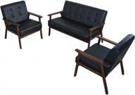 🛋️ jiasting mid century 1 loveseat sofa and 2 accent chairs set with modern wood arms - black living room furniture set (8428) logo