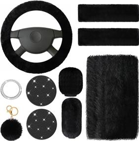 img 4 attached to 🖤 10-Piece Set of Black Fluffy Steering Wheel Covers, Handbrake Cover, Seat Belt Shoulder Pads, Gear Shift Cover, Diamond Tray, Ignition Ring, Ball Key Chain, Armrest Box Mat