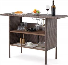 img 4 attached to Outdoor Rattan Bar Table With Wine Rack And Steel Shelves For Patio, Picnic And Parties - Brown
