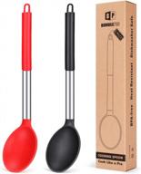 set of 2 heat-resistant silicone cooking spoons for mixing and serving food, non-stick solid basting utensils in black and red for kitchen use logo