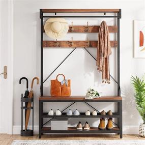 img 4 attached to Idealhouse 4-In-1 Hall Tree Storage Bench: Wood Look Shoe Rack, Storage Shelf, And Hanging Bar - Rustic Brown Finish
