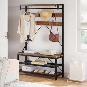 img 1 attached to Idealhouse 4-In-1 Hall Tree Storage Bench: Wood Look Shoe Rack, Storage Shelf, And Hanging Bar - Rustic Brown Finish