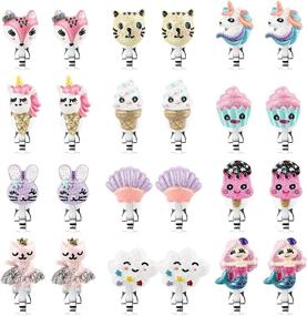 img 4 attached to 12 Pairs of Unicorn, Fox, and Mermaid Clip-On Earrings for Little Girls - Animal and Ice Cream Toddler Girls' Dress-Up Jewelry