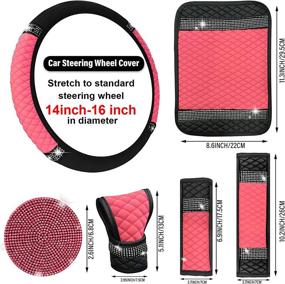 img 2 attached to Pink Rhinestone Leather Car Accessories Set: Bling Steering Wheel Cover, Armrest Pad, Coasters & More by JINGSEN - Full Set for Car SUV