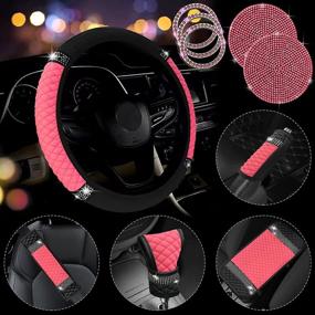 img 4 attached to Pink Rhinestone Leather Car Accessories Set: Bling Steering Wheel Cover, Armrest Pad, Coasters & More by JINGSEN - Full Set for Car SUV