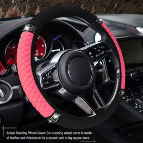 img 3 attached to Pink Rhinestone Leather Car Accessories Set: Bling Steering Wheel Cover, Armrest Pad, Coasters & More by JINGSEN - Full Set for Car SUV