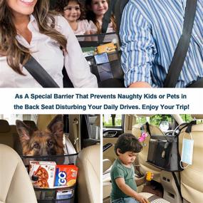 img 1 attached to 🚗 Car Net Pocket Handbag Holder: Upgraded Storage Organizer with Phone Holder, Barrier for Back Seat Dog Kids - Includes 2 Headrest Hooks