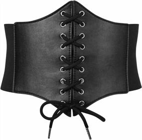 img 4 attached to Black Corset Belt For Women, SUOSDEY Vintage Lace-Up Elastic Waist Belt, Tied Waspie Wide Belt For Halloween Costume