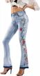women's floral embroidered flare bell bottom jeans,vintage-inspired retro denim pants logo