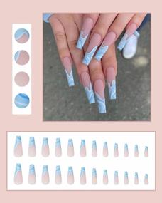img 2 attached to JUSTOTRY 24 Pcs French Fake Nails Short,Square Acrylic Press On Nails,Artificial False Nails Art Tips Set,Blue Swirl Glue On Nails,Resin Charms Stick On Nails For Women Nail Art Decor