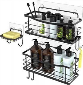 img 4 attached to ODesign Adhesive Shower Caddy Basket Shelf With 4 Hooks For Shampoo Conditioner Razor Soap Dish Holder Kitchen Bathroom Organizer No Drilling Wall Mounted Stainless Steel Rustproof 3 Pack - Black