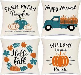 img 4 attached to Fall Decorative Pillow Covers 18X18 Inches Set Of 4 - Thanksgiving Autumn Theme Outdoor Pumpkin Patch Farmhouse Throw Cushion Cases For Home Decor