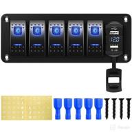 high-quality 5 gang rocker switch panel with 5 pin on/off toggle switch, blue backlit aluminum panel, led digital voltmeter and dual usb charger - ideal for car, truck, boat, trailer, rv, utv, and atv (12v-24v) logo