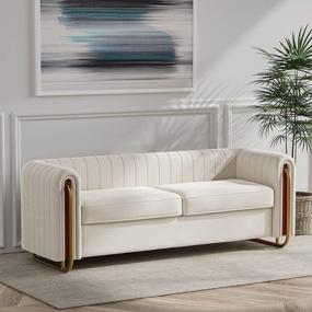 img 3 attached to Современный бархатный диван Dolonm: 84-дюймовый длинный мягкий диван с высоким подлокотником и металлическими ножками - идеально подходит для гостиной, офиса или спальни (бежевый)