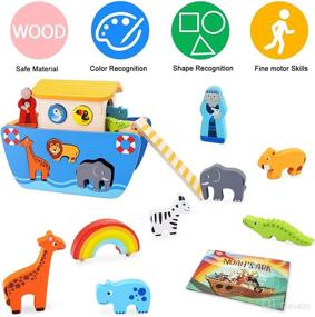 img 3 attached to Toddlers Wooden Noah's Ark Toy Animal Playset: Baptism Gifts for 1 2 3 Boys Girls with Bible Story Book - Montessori Learning Toys for 12 18 24 Months Babies