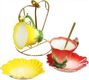 img 1 attached to Pink Tea Cup And Saucer Set (Yellow & Red) - Beddinginn