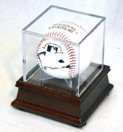 walnut finish single baseball cube display case stand with 98% uv ultra pro cube included logo